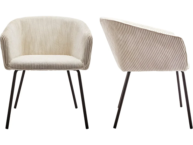 Lot de 2 fauteuils de table en velours côtelé beige, piètement noir - Swann