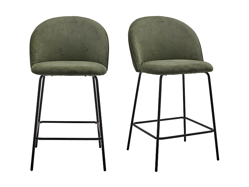 Lot de 2 tabourets de bar en velours côtelé vert, piètement noir - Alta