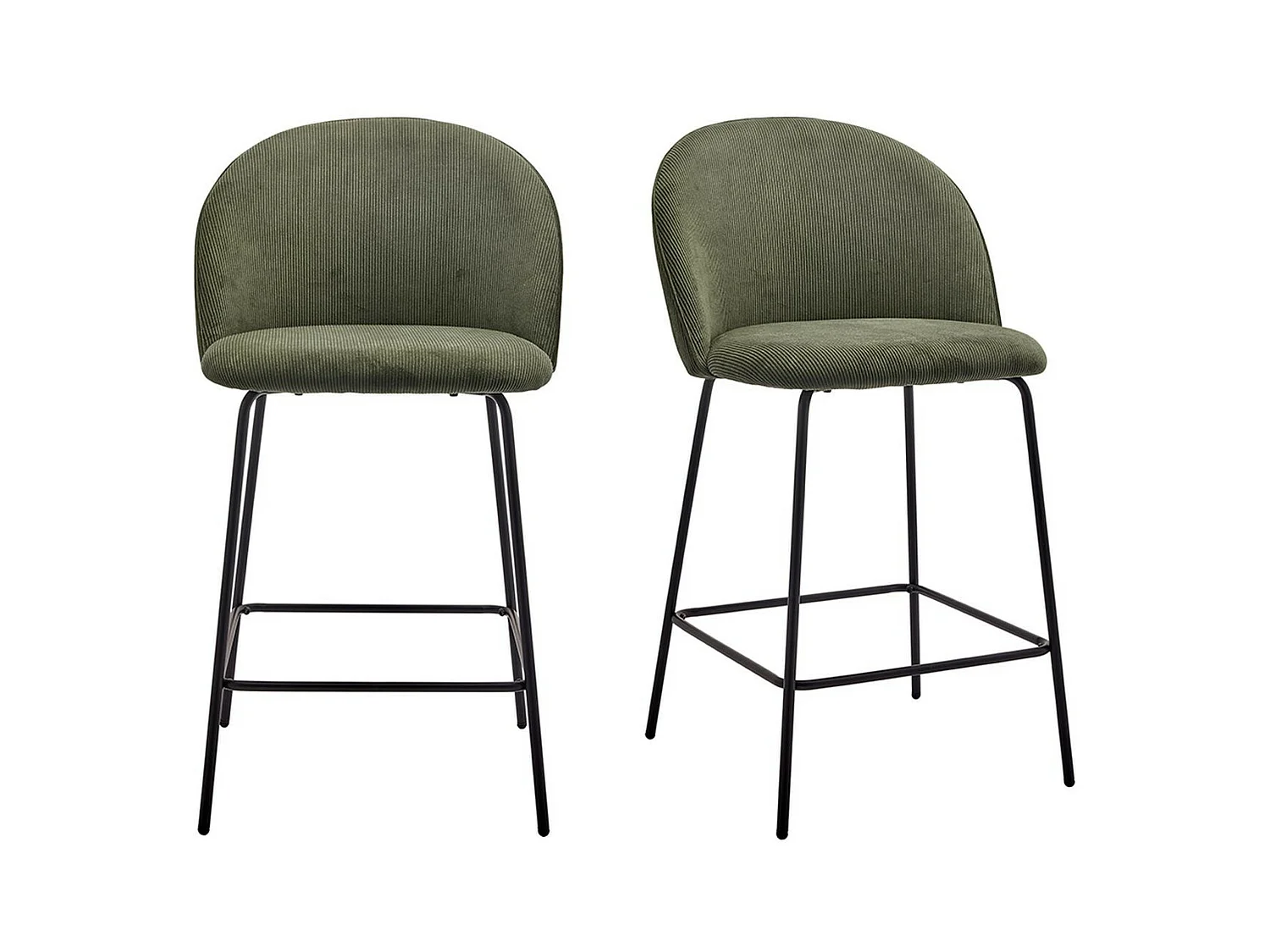 Lot de 2 tabourets de bar en velours côtelé vert, piètement noir - Alta