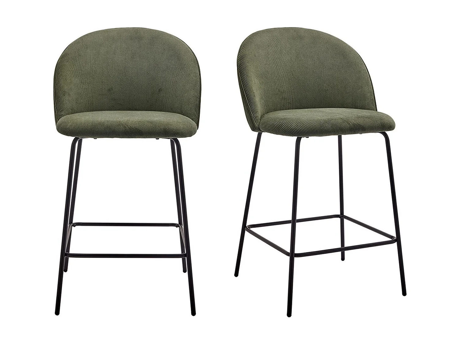 Lot de 2 tabourets de bar en velours côtelé vert, piètement noir - Alta
