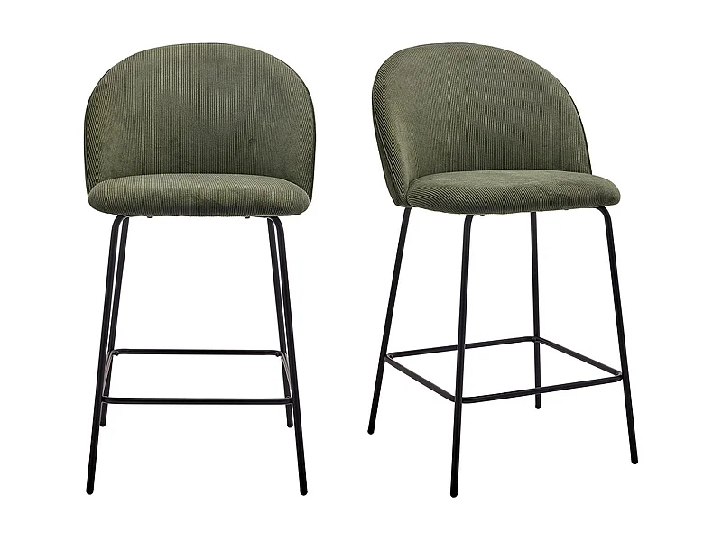 Lot de 2 tabourets de bar en velours côtelé vert, piètement noir - Alta