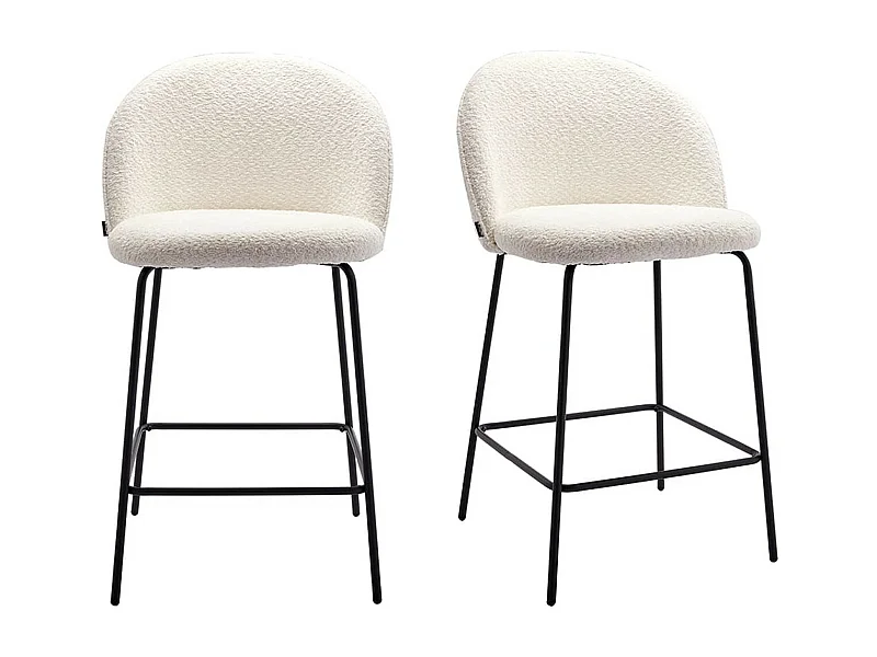 Lot de 2 tabourets de bar en tissu bouclette écru, piètement noir - Alta