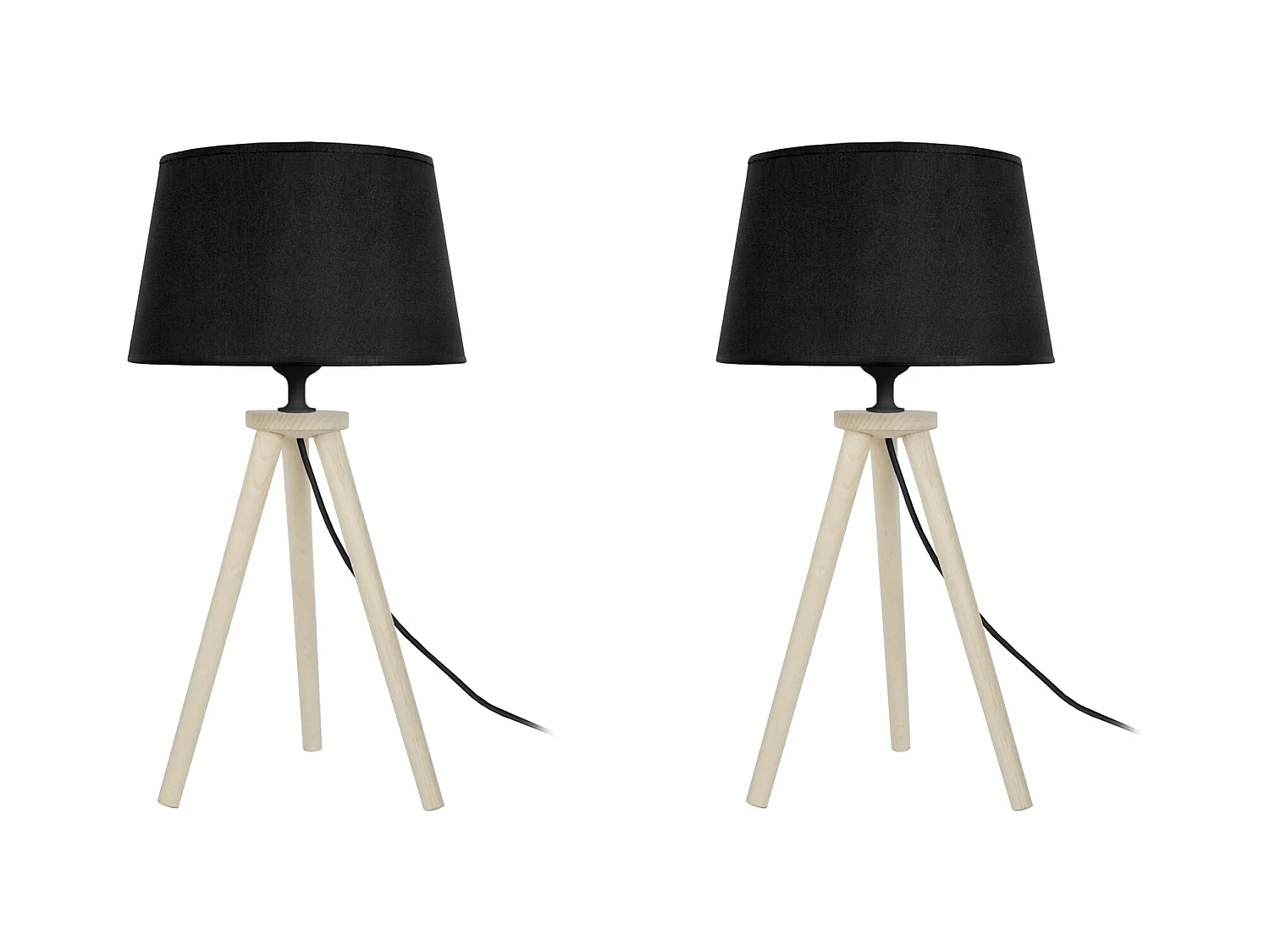 Pair de Lampes de chevet, trépied bois  naturel,noir 44 cm.