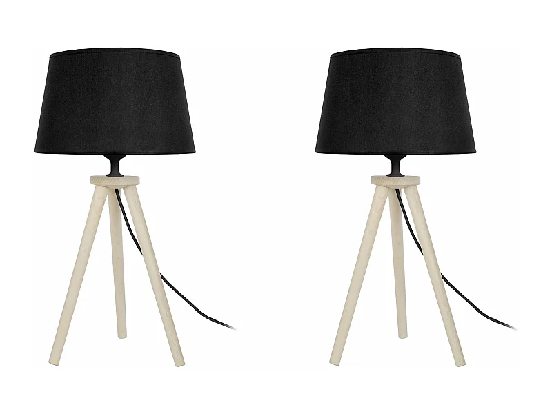 Pair de Lampes de chevet, trépied bois  naturel,noir 44 cm.