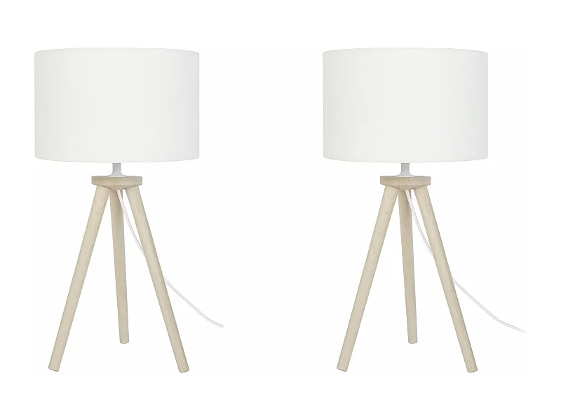 Pair de Lampes de chevet trépied bois  naturel,blanc 44 cm.