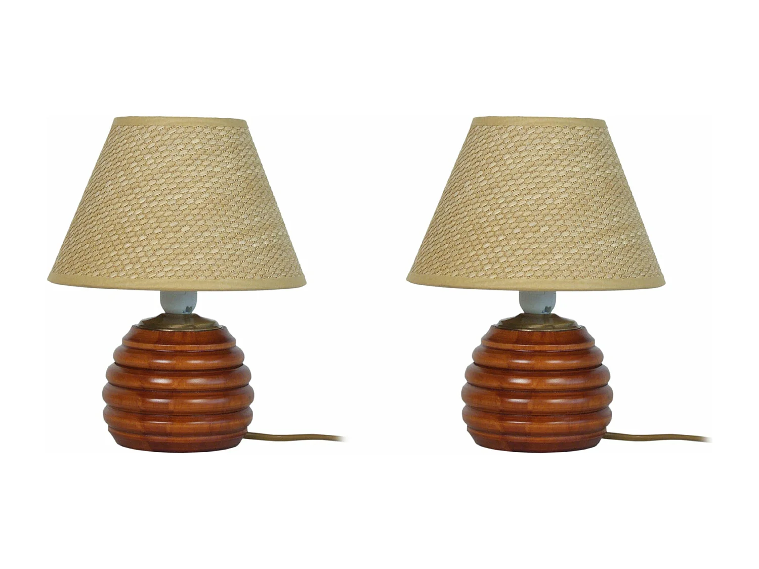 Pair de Lampes de chevet globe bois  foncé,beige 26,5 cm.