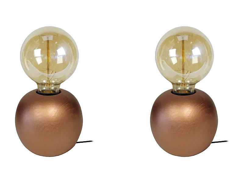 Pair de Lampes de chevet globe bois  cuivre 21 cm.