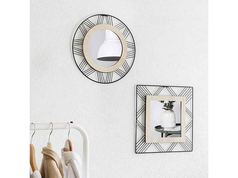 Rundes Design-Spiegel "Joe" 45 cm aus Metall, Holz und Schwarzem Glas – Authentischer Wandspiegel