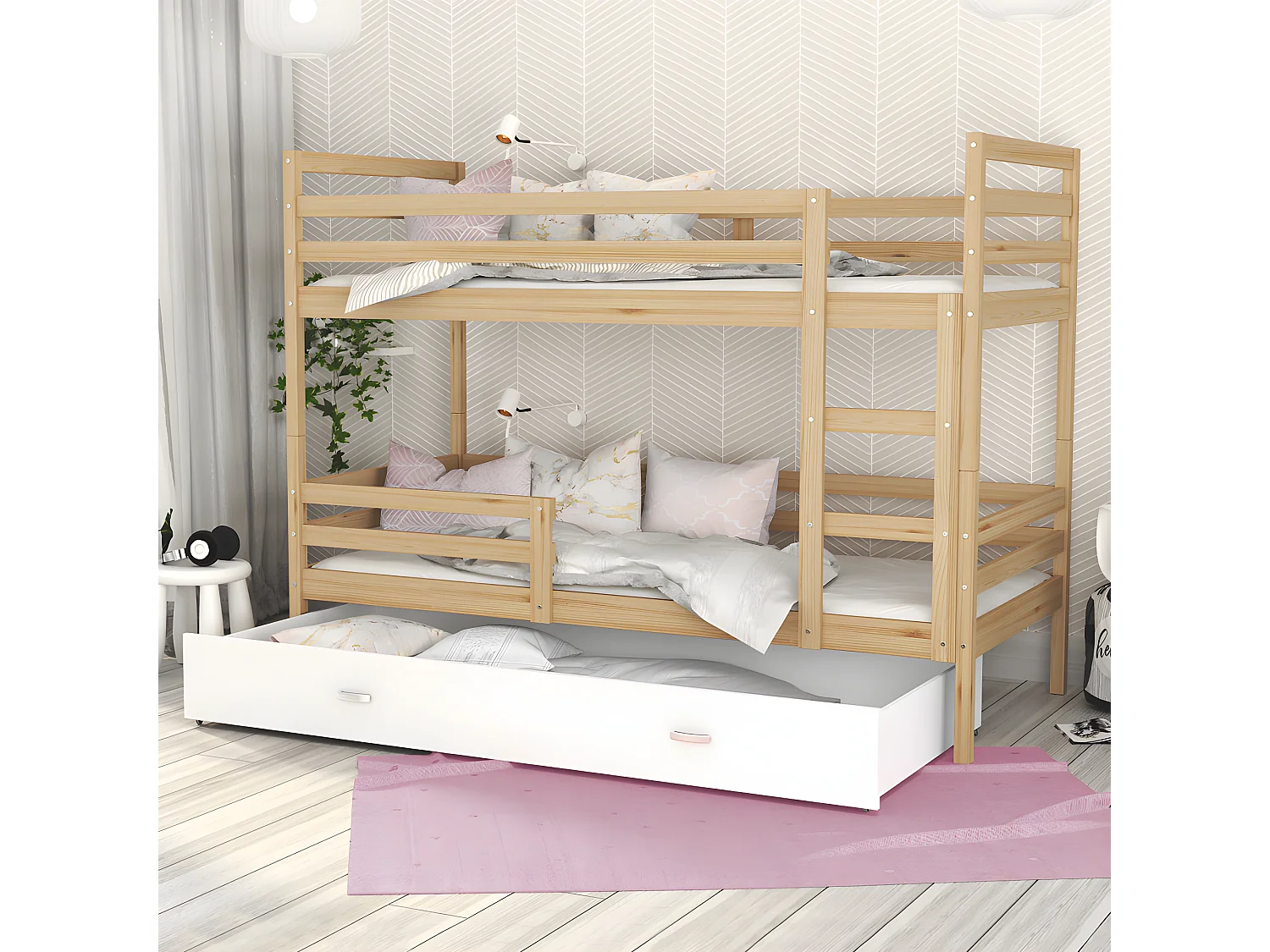Lit Superposé Milo 90x190 Pin - blanc Livré avec sommiers, tiroir et matelas en mousse de 7cm