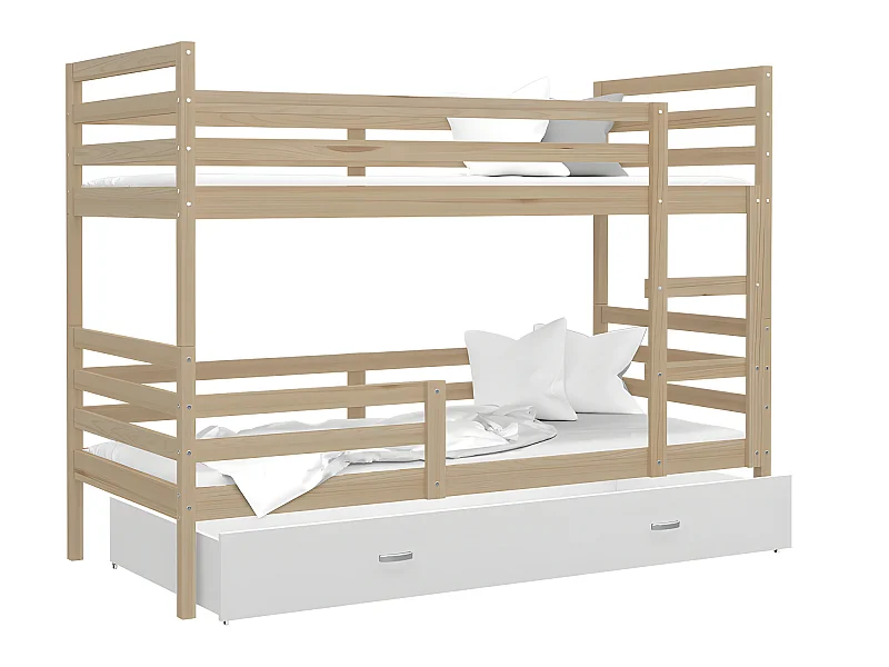 Lit Superposé Milo 90x190 Pin - blanc Livré avec sommiers, tiroir et matelas en mousse de 7cm