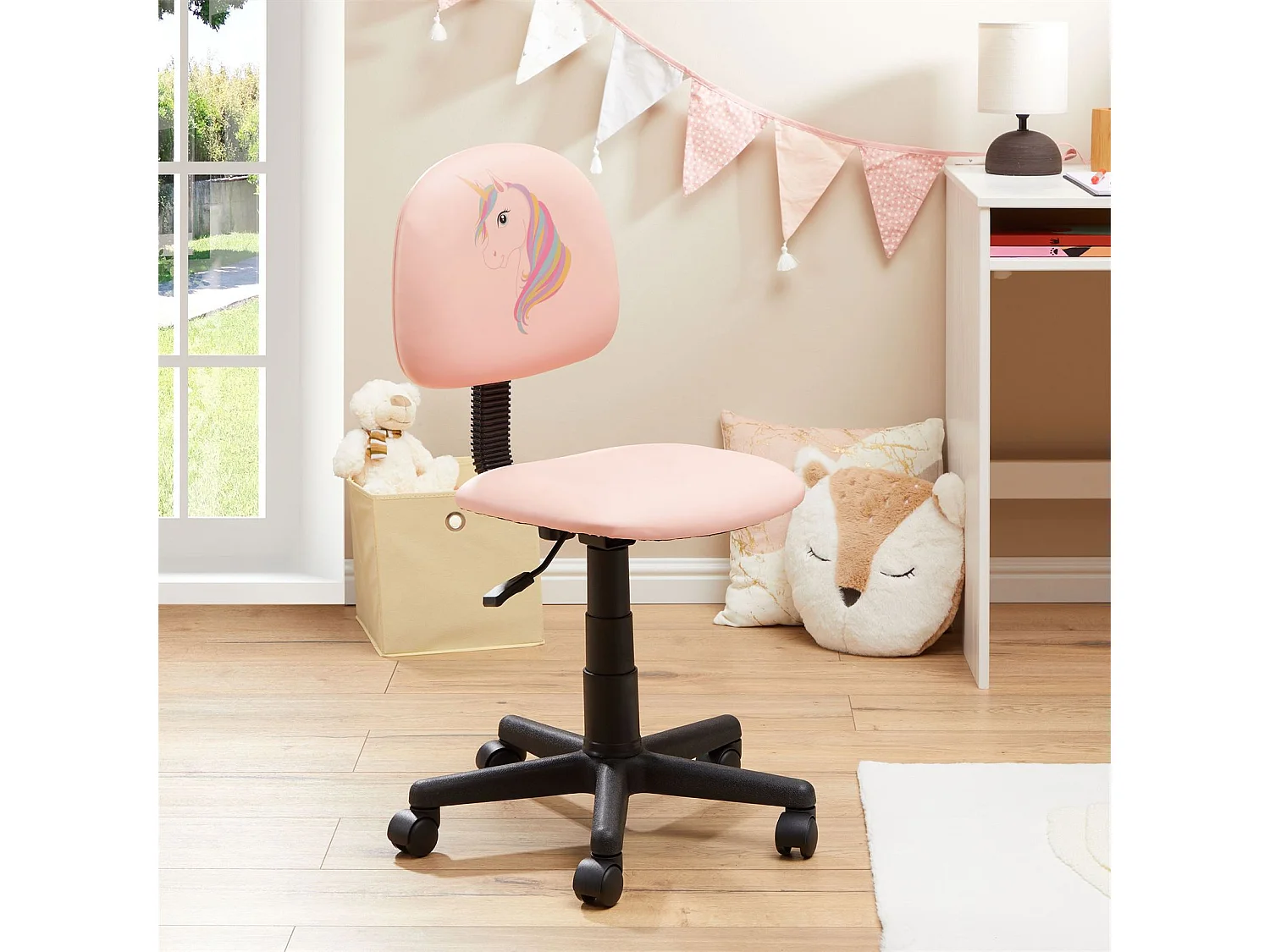 Chaise de bureau pour enfant UNICORN fauteuil pivotant sans accoudoirs hauteur réglable, en synthétique rose avec motif licorne