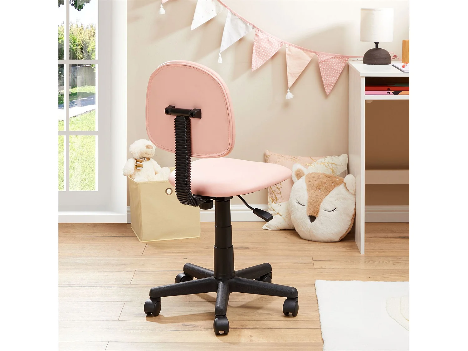 Chaise de bureau pour enfant UNICORN fauteuil pivotant sans accoudoirs hauteur réglable, en synthétique rose avec motif licorne