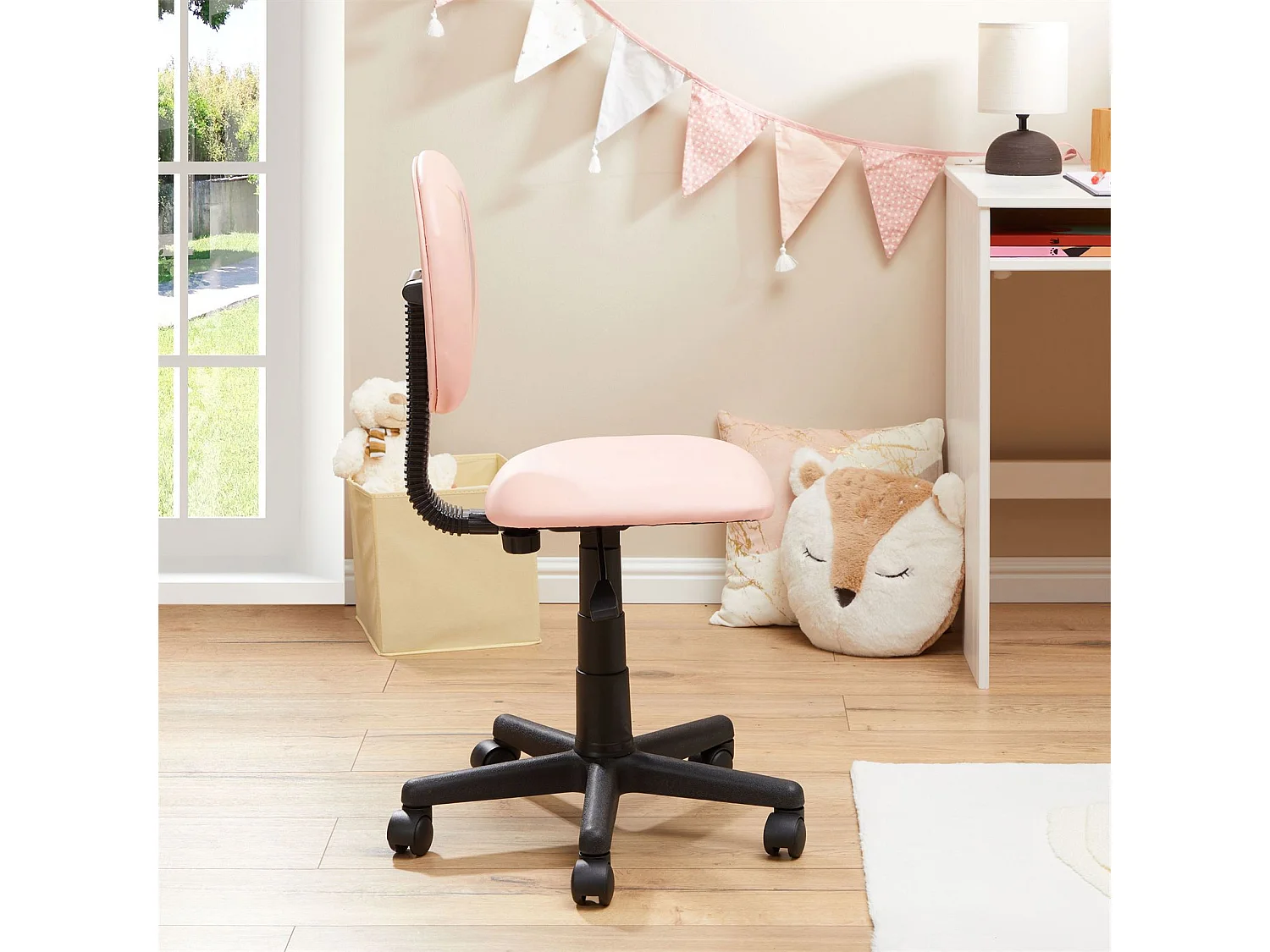 Chaise de bureau pour enfant UNICORN fauteuil pivotant sans accoudoirs hauteur réglable, en synthétique rose avec motif licorne
