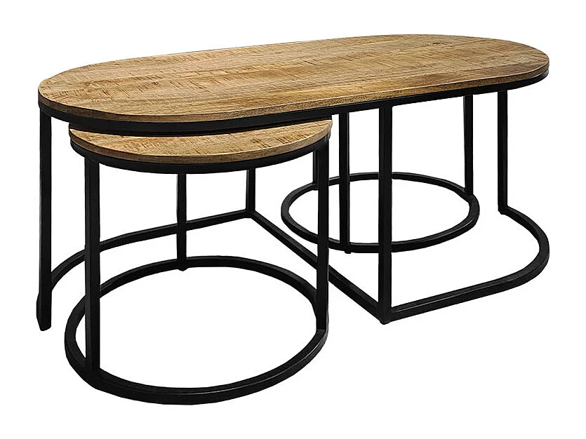 Set 3 tables basses gigognes en bois de manguier et pieds métal noir - MANHO