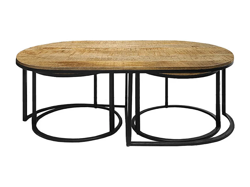Set 3 tables basses gigognes en bois de manguier et pieds métal noir - MANHO