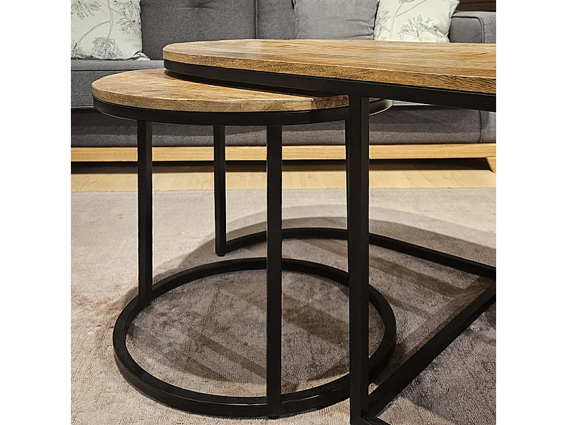 Set 3 tables basses gigognes en bois de manguier et pieds métal noir - MANHO
