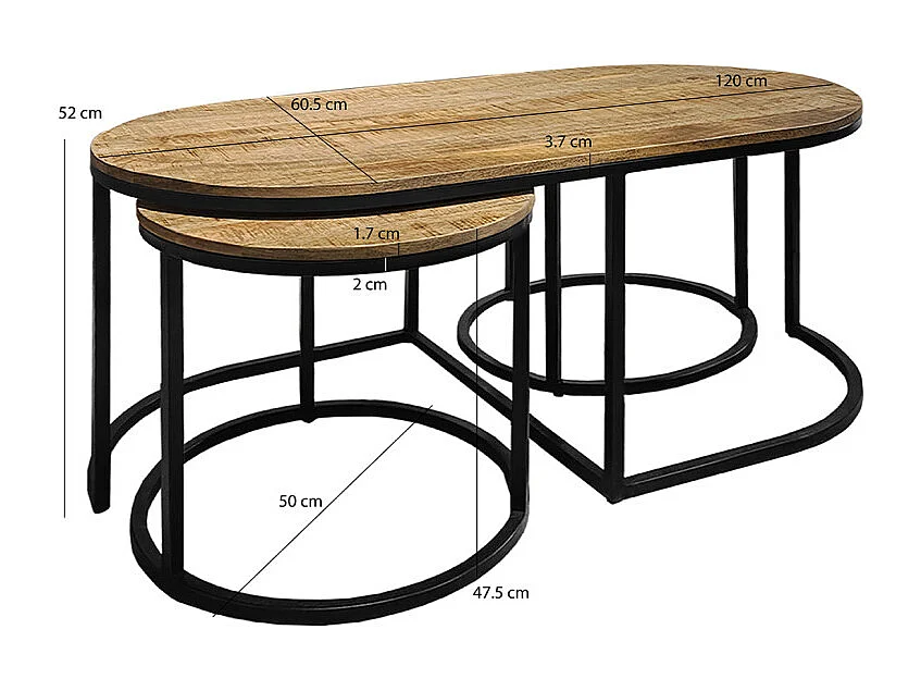 Set 3 tables basses gigognes en bois de manguier et pieds métal noir - MANHO