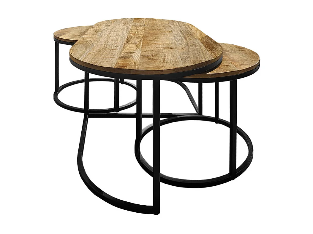 Set 3 tables basses gigognes en bois de manguier et pieds métal noir - MANHO