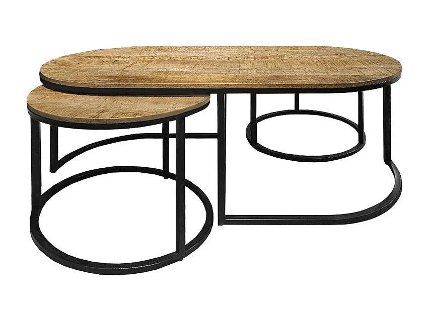 Set 3 tables basses gigognes en bois de manguier et pieds métal noir - MANHO