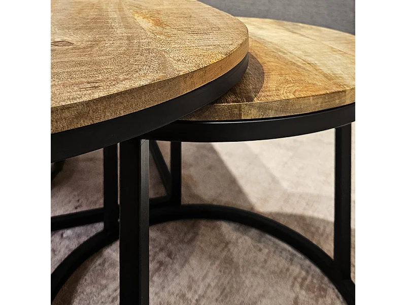 Set 3 tables basses gigognes en bois de manguier et pieds métal noir - MANHO
