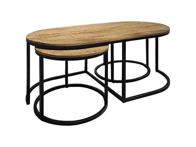 Set 3 tables basses gigognes en bois de manguier et pieds métal noir - MANHO
