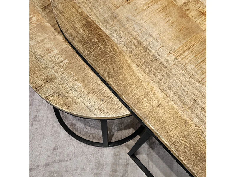 Set 3 tables basses gigognes en bois de manguier et pieds métal noir - MANHO