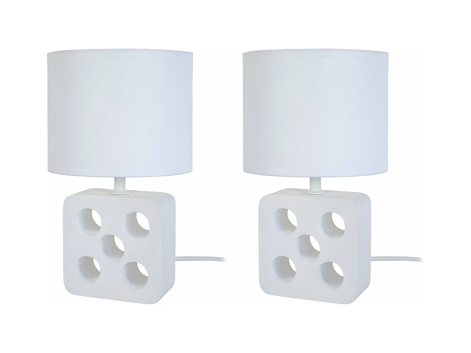 Pair de Lampes de chevet carré bois  blanc 3 trous trous, blanc 25,5 cm.