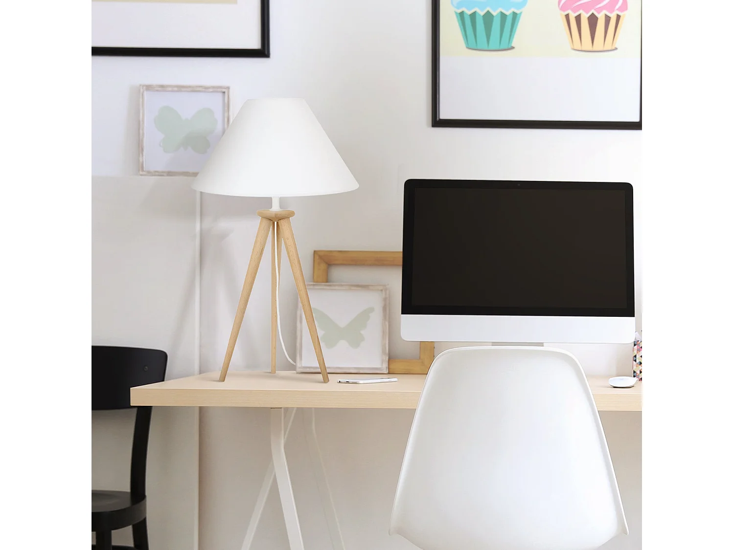 Lampada da tavolo legno treppiedi Paralume  cone ARHUS  bianco  D'30 cm