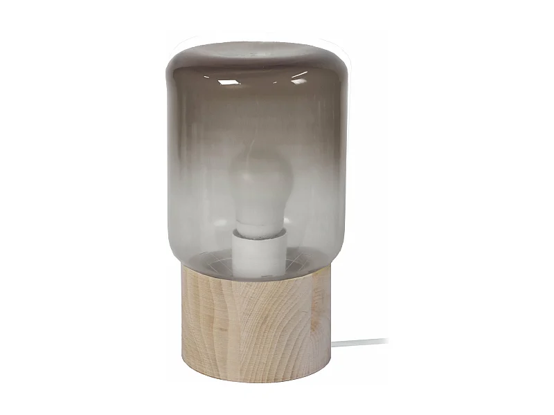 Lampe de chevet cylindre bois  naturel,verre fumée 22 cm.