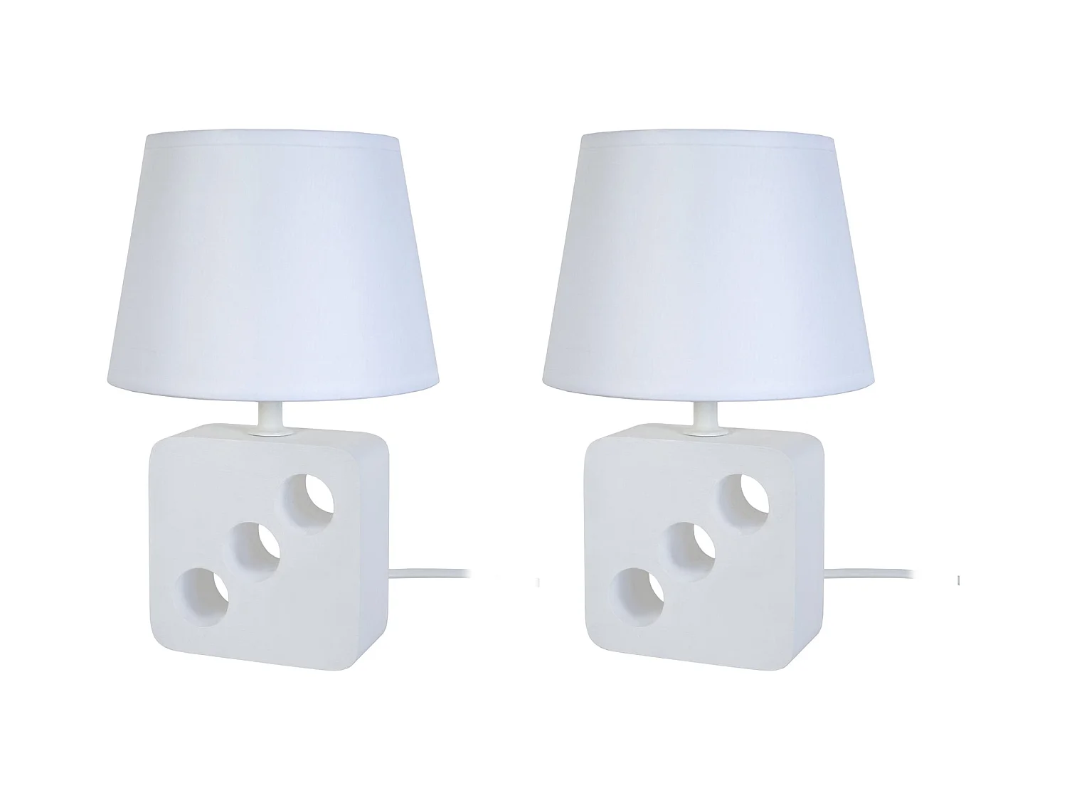 Pair de Lampes de chevet carré bois  blanc 3 trous , blanc 25,5 cm.