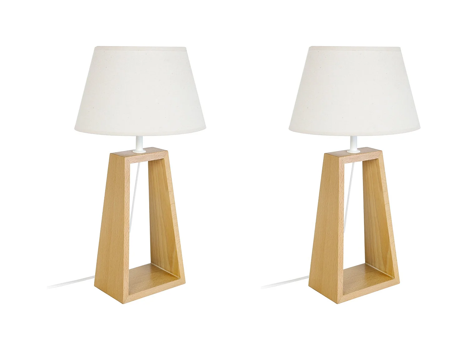 Pair de Lampes de chevet colonne bois  nature, tambour écrul 49 cm.