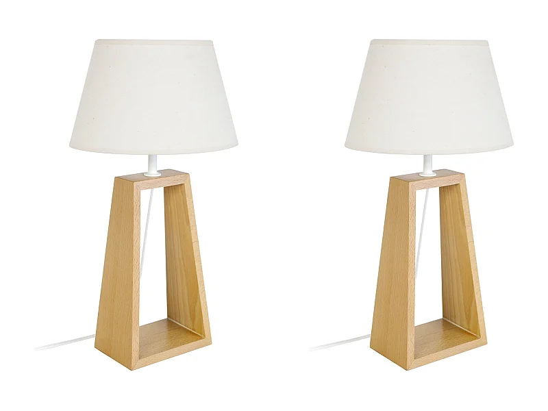 Pair de Lampes de chevet colonne bois  nature, tambour écrul 49 cm.