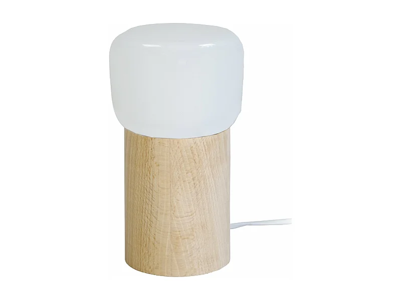 Lampe de chevet cylindre bois  naturel,verre opal 22 cm.