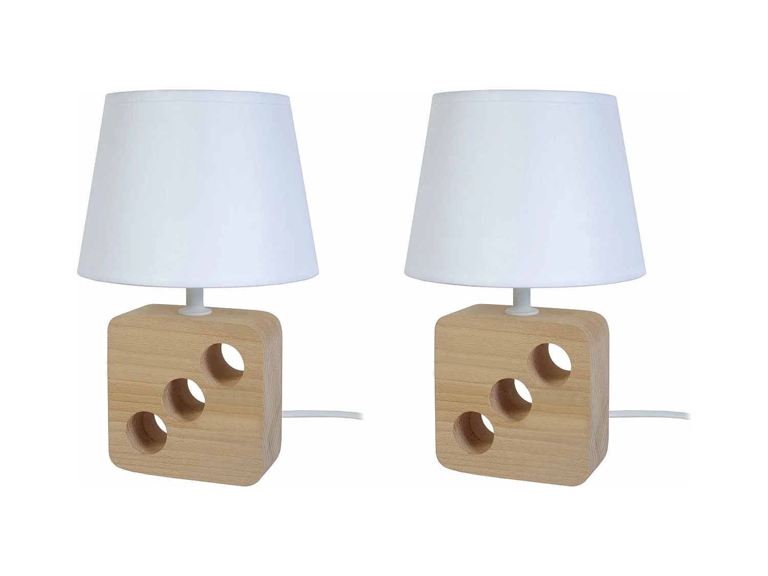 Pair de Lampes de chevet carré bois  naturel 3 trous trous, blanc 25,5 cm.