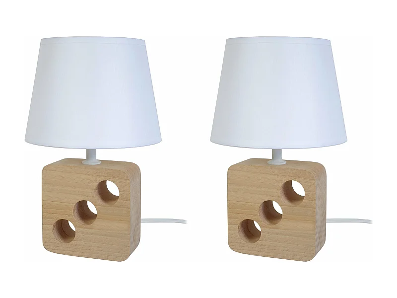 Pair de Lampes de chevet carré bois  naturel 3 trous trous, blanc 25,5 cm.