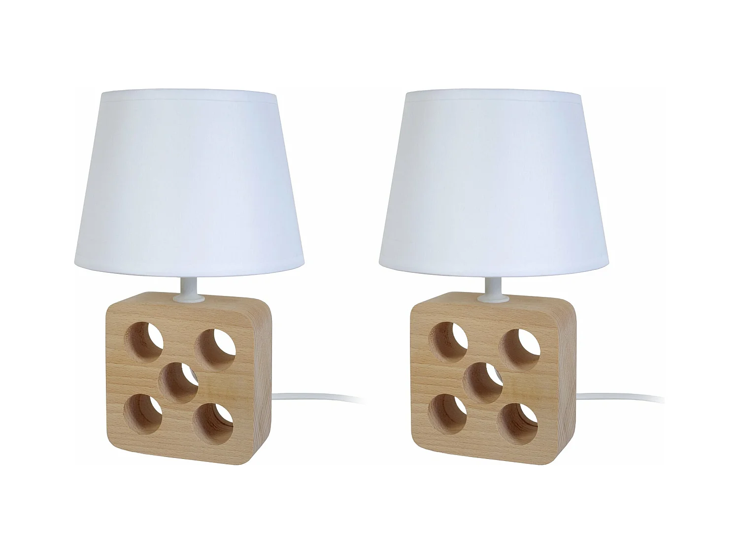 Pair de Lampes de chevet carré bois 5 trous  naturel,écru 25,5 cm.