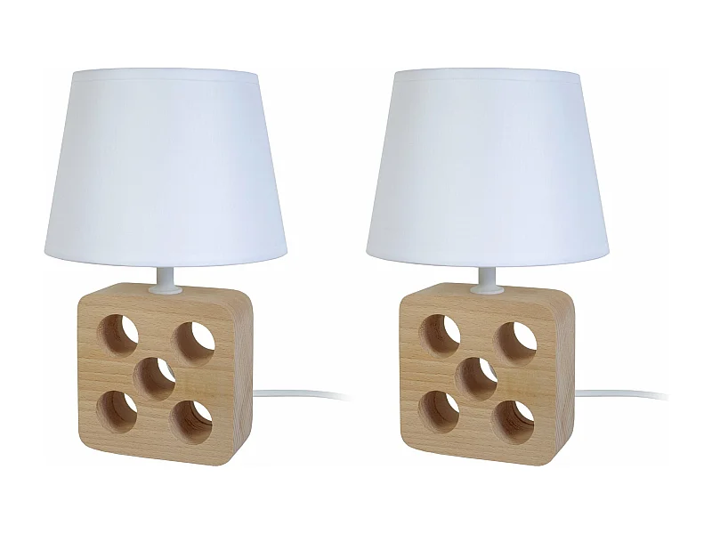 Pair de Lampes de chevet carré bois 5 trous  naturel,écru 25,5 cm.