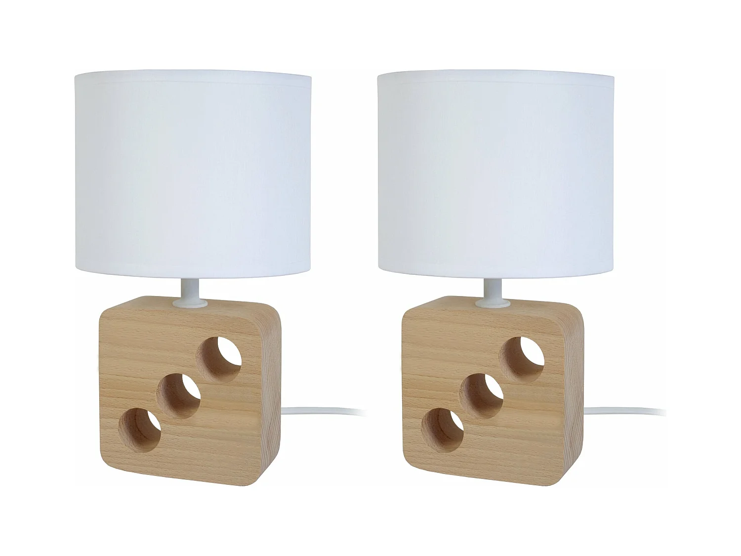 Pair de Lampes de chevet carré bois  bois 3 trous trous, blanc 25,5 cm.