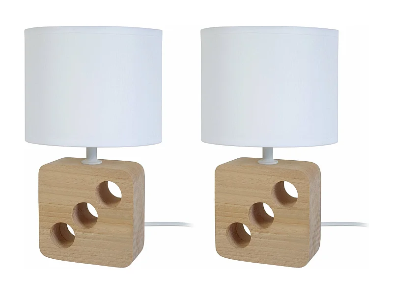 Pair de Lampes de chevet carré bois  bois 3 trous trous, blanc 25,5 cm.