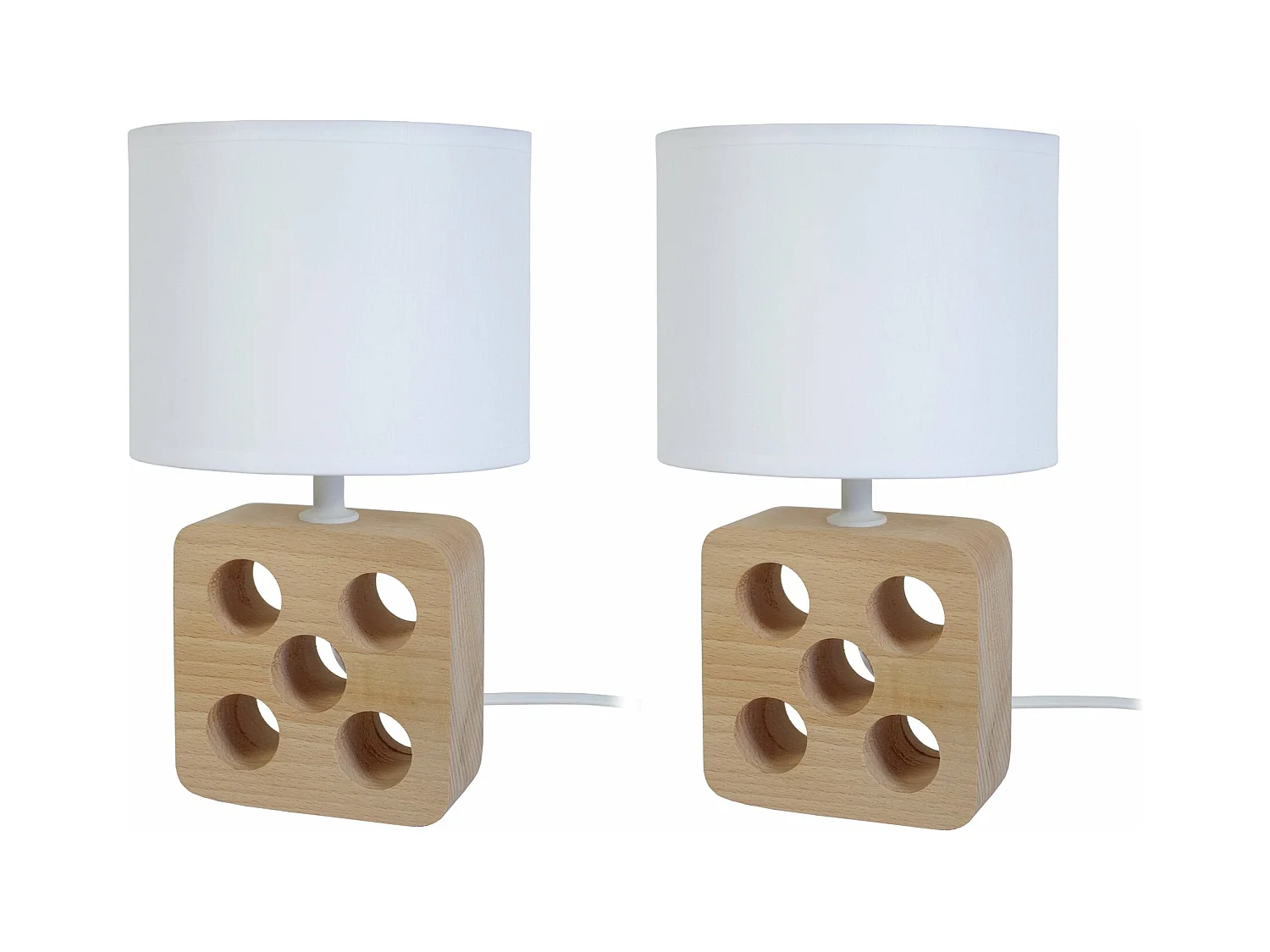 Pair de Lampes de chevet carré bois  naturel 5 trous trous, blanc 25,5 cm.