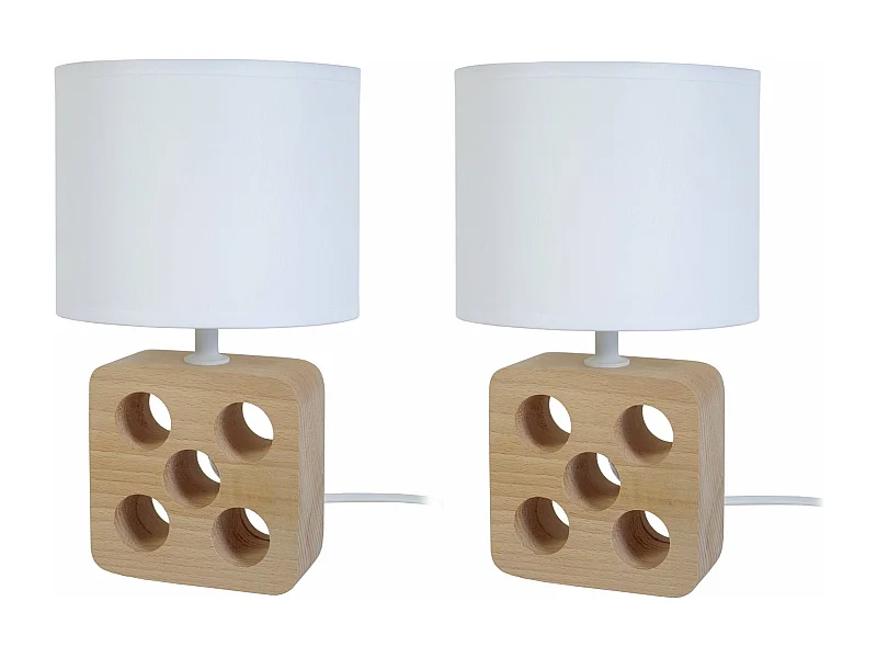 Pair de Lampes de chevet carré bois  naturel 5 trous trous, blanc 25,5 cm.