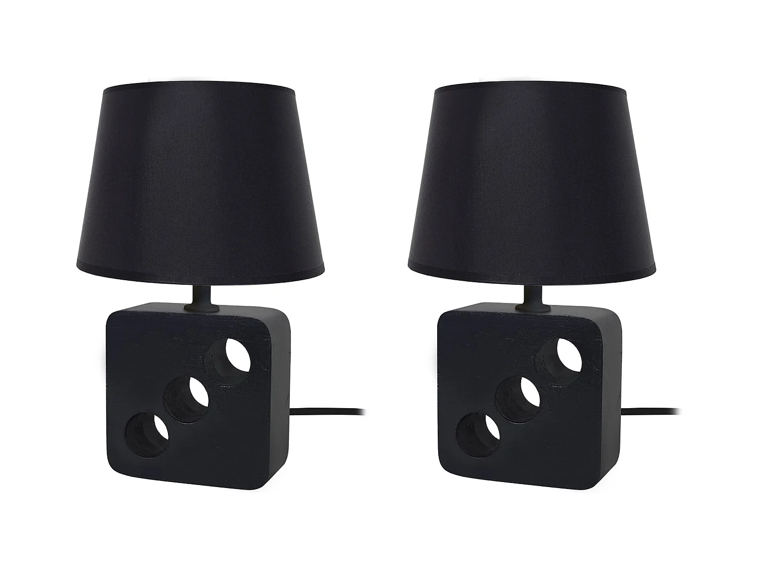 Pair de Lampes de chevet carré bois  bois 3 trous noir, blanc 25,5 cm.