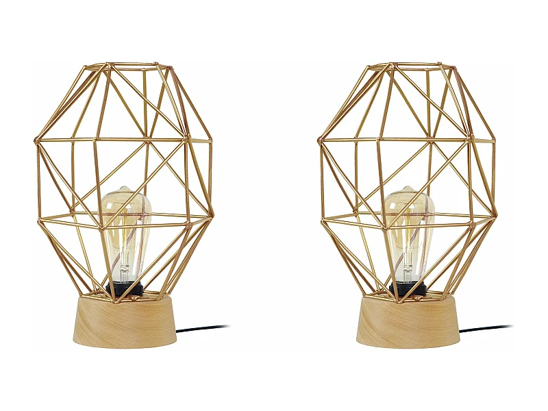Pair de Lampes de chevet géométrique bois  naturel,doré 32 cm.