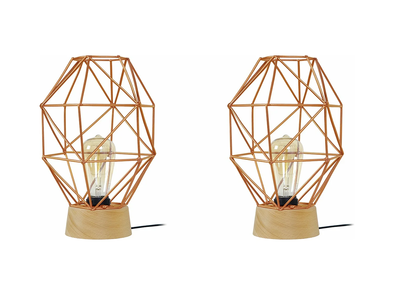 Pair de Lampes de chevet géométrique bois  naturel,cuivre 32 cm.