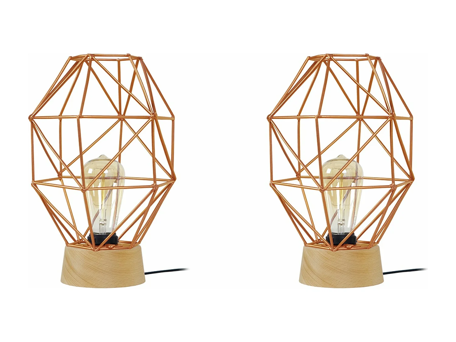 Pair de Lampes de chevet géométrique bois  naturel,cuivre 32 cm.