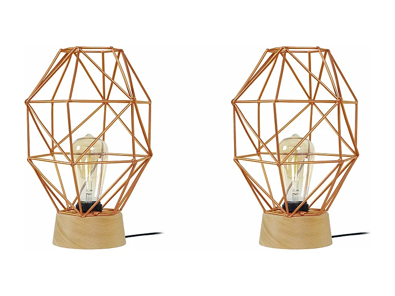 Pair de Lampes de chevet géométrique bois  naturel,cuivre 32 cm.