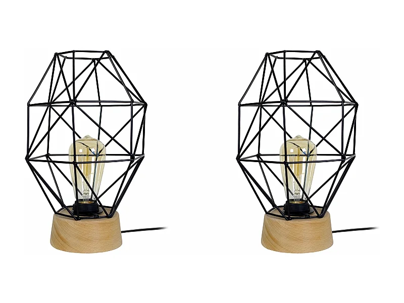 Pair de Lampes de chevet géométrique bois  naturel,noir 32 cm.