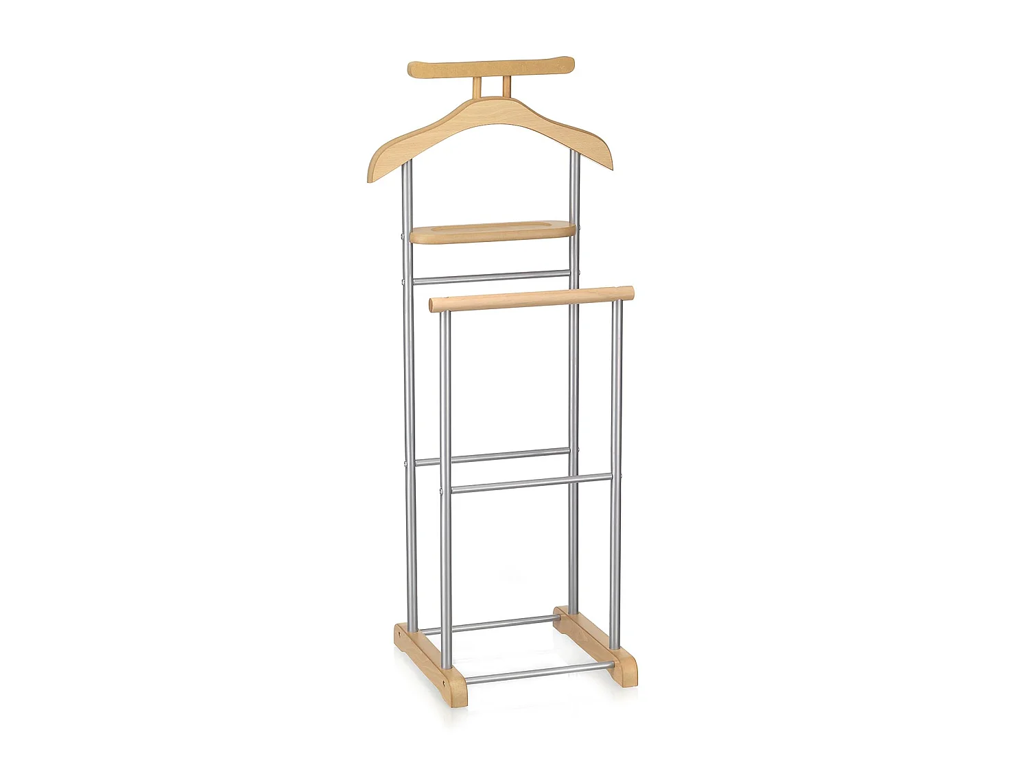 Valet de chambre MEDINA chevalet de nuit double portant pour vêtements, en MDF couleur hêtre et métal laqué argenté