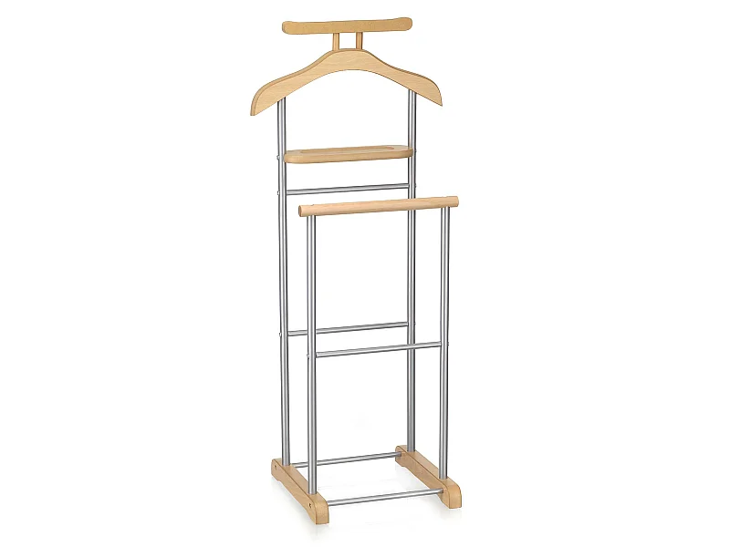 Valet de chambre MEDINA chevalet de nuit double portant pour vêtements, en MDF couleur hêtre et métal laqué argenté