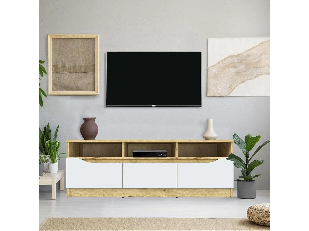 Meuble TV 3 Tiroirs "Miaso" 130cm Naturel & Blanc